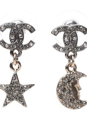 CHANEL Crystal CC Star Moon Dangle Earrings Authentic with Box and Pouch w/ Gift